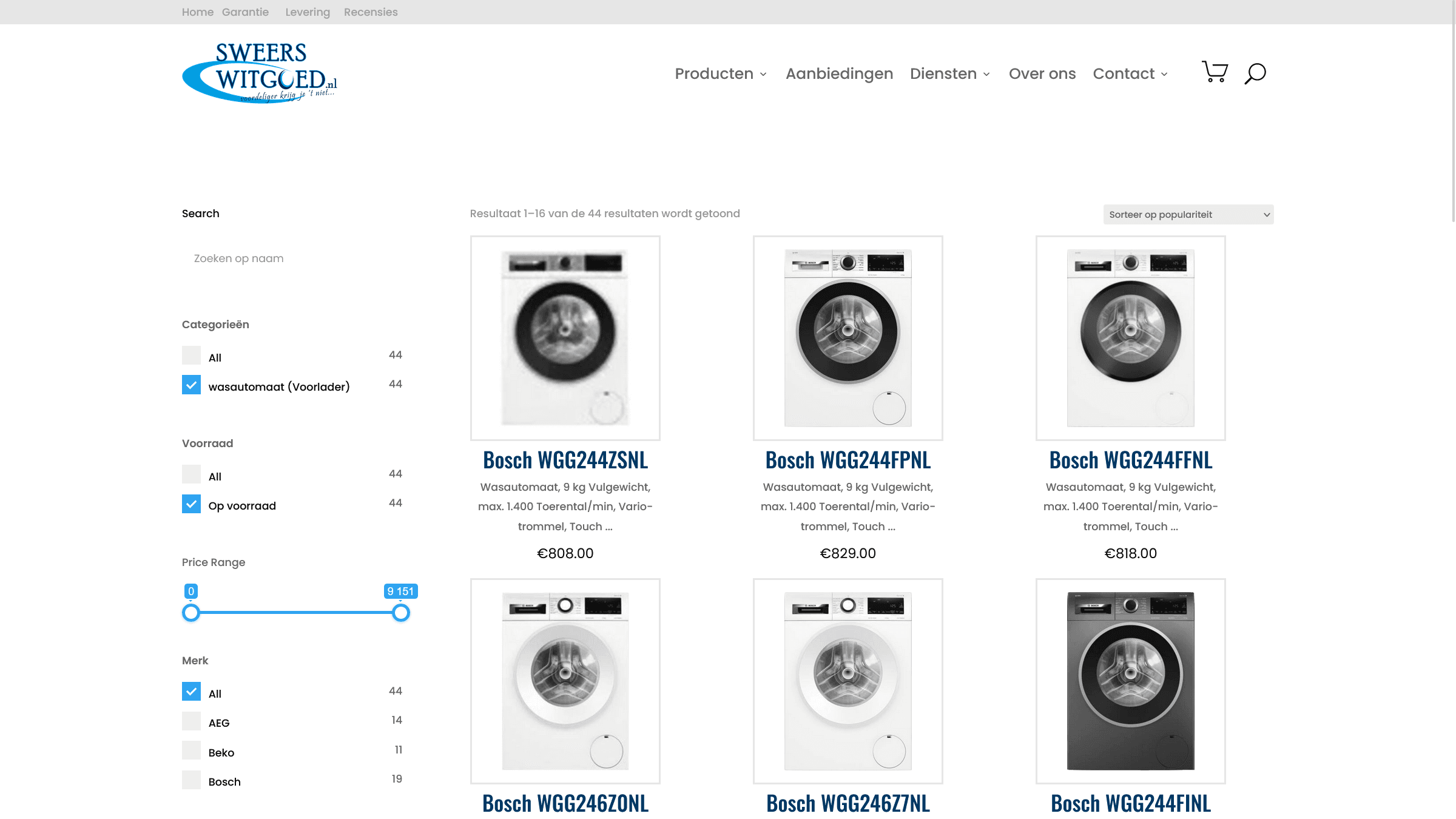 Screenshot van webshop producten die automatisch geimporteerd zijn vanaf de leverancier.