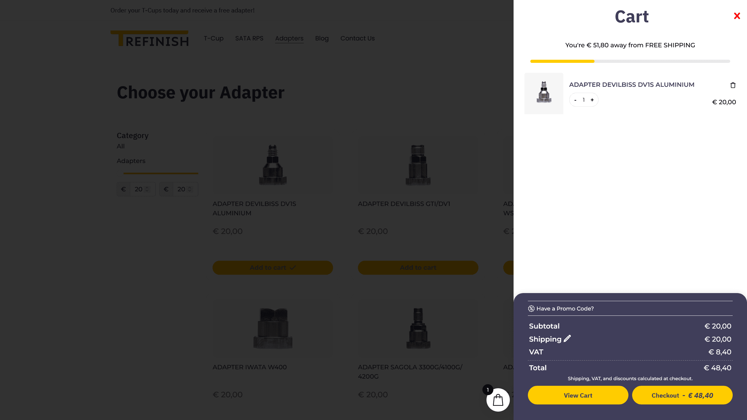 T-Refinish screenshot van de winkelwagen met progressie tot gratis verzending.