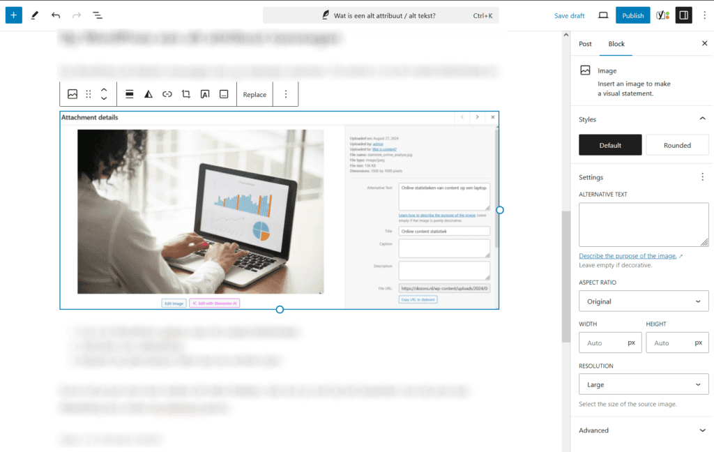 WordPress blog post afbeelding aanpassen om een alt attribuut toe te voegen.