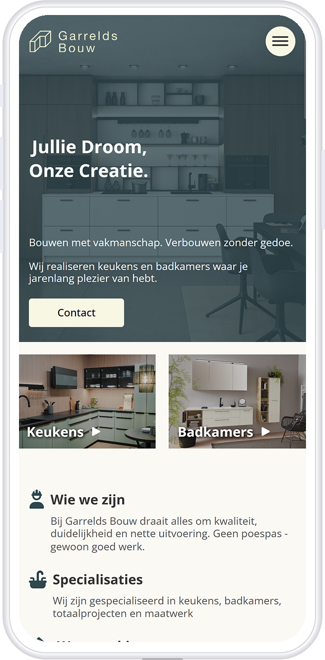 Screenshot website Garrelds Bouw on a phone