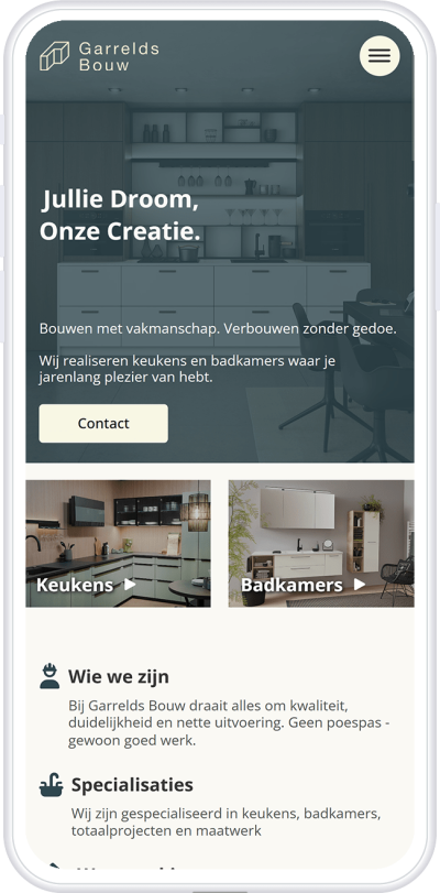 Screenshot website Garrelds Bouw op een telefoon